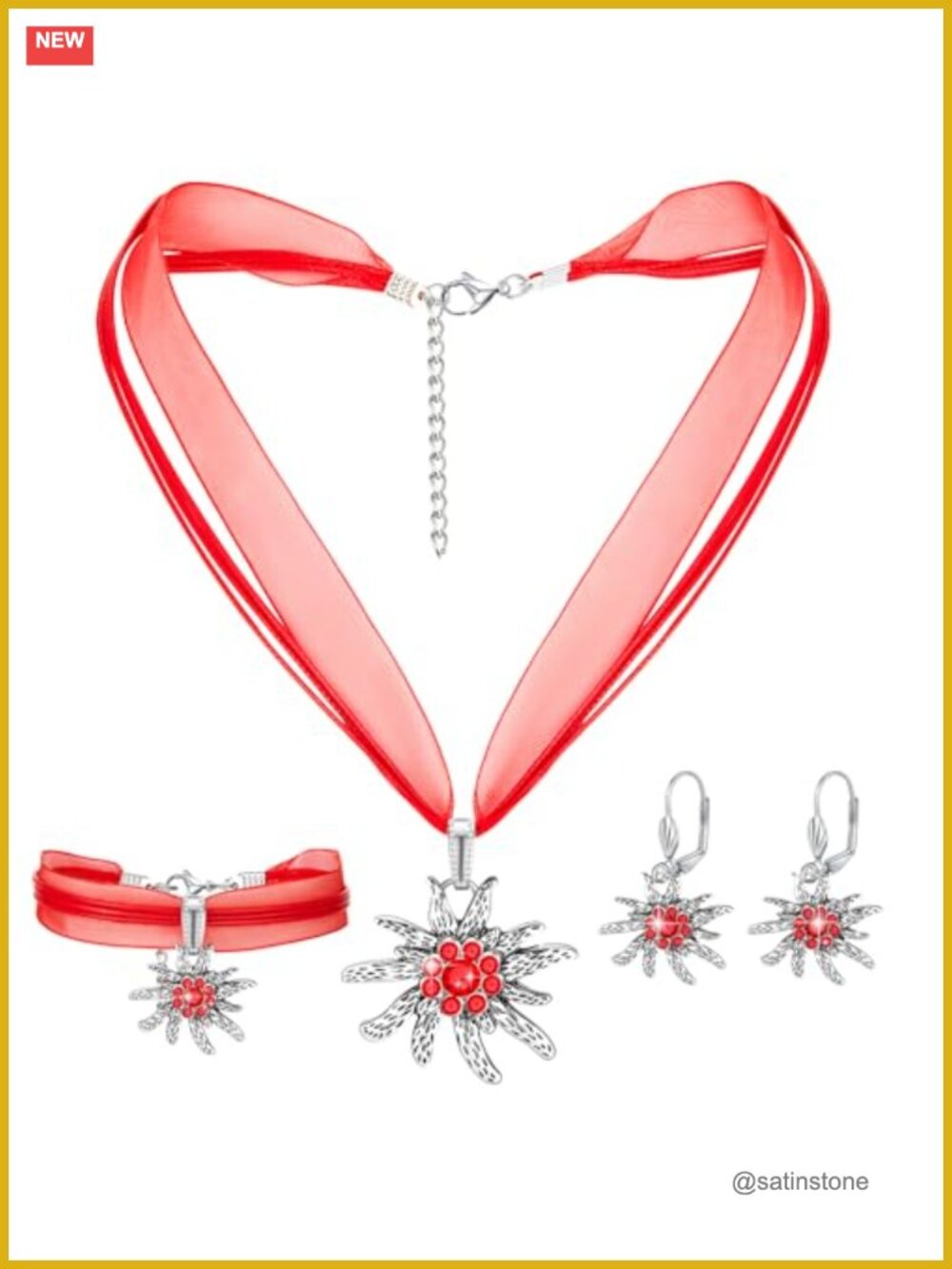 3 Piece Flower Jewelry Set Choker Necklace Bracelet Earrings Velvet Extender